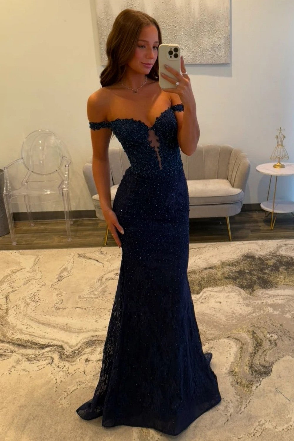 Elegant Navy Blue Mermaid Off-the-Shoulder Lace Prom Dress with Beading