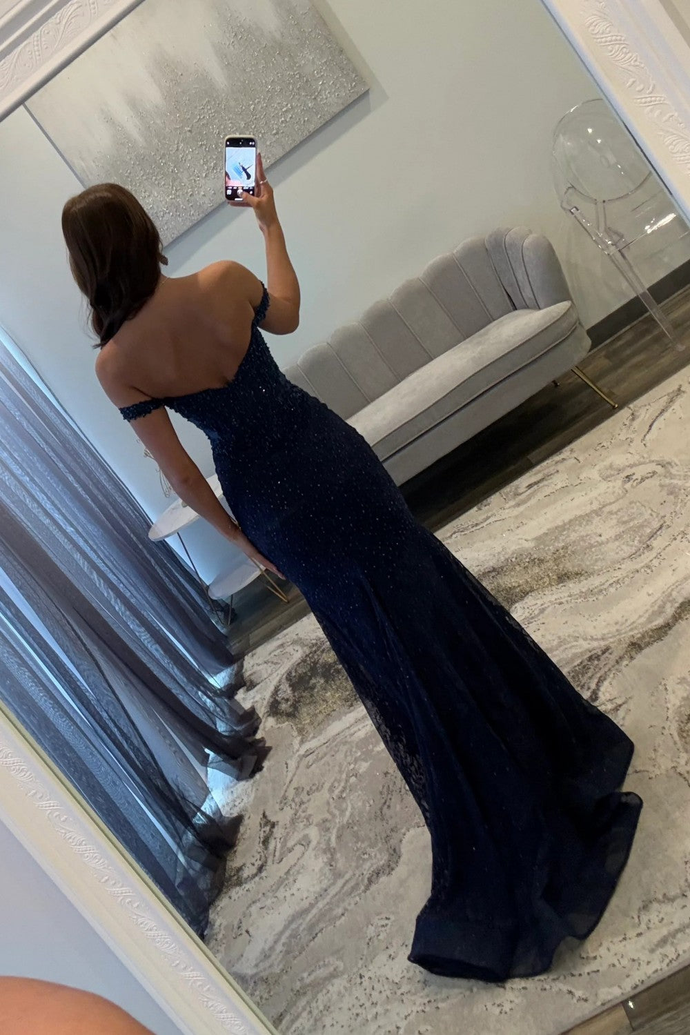 Elegant Navy Blue Mermaid Off-the-Shoulder Lace Prom Dress with Beading