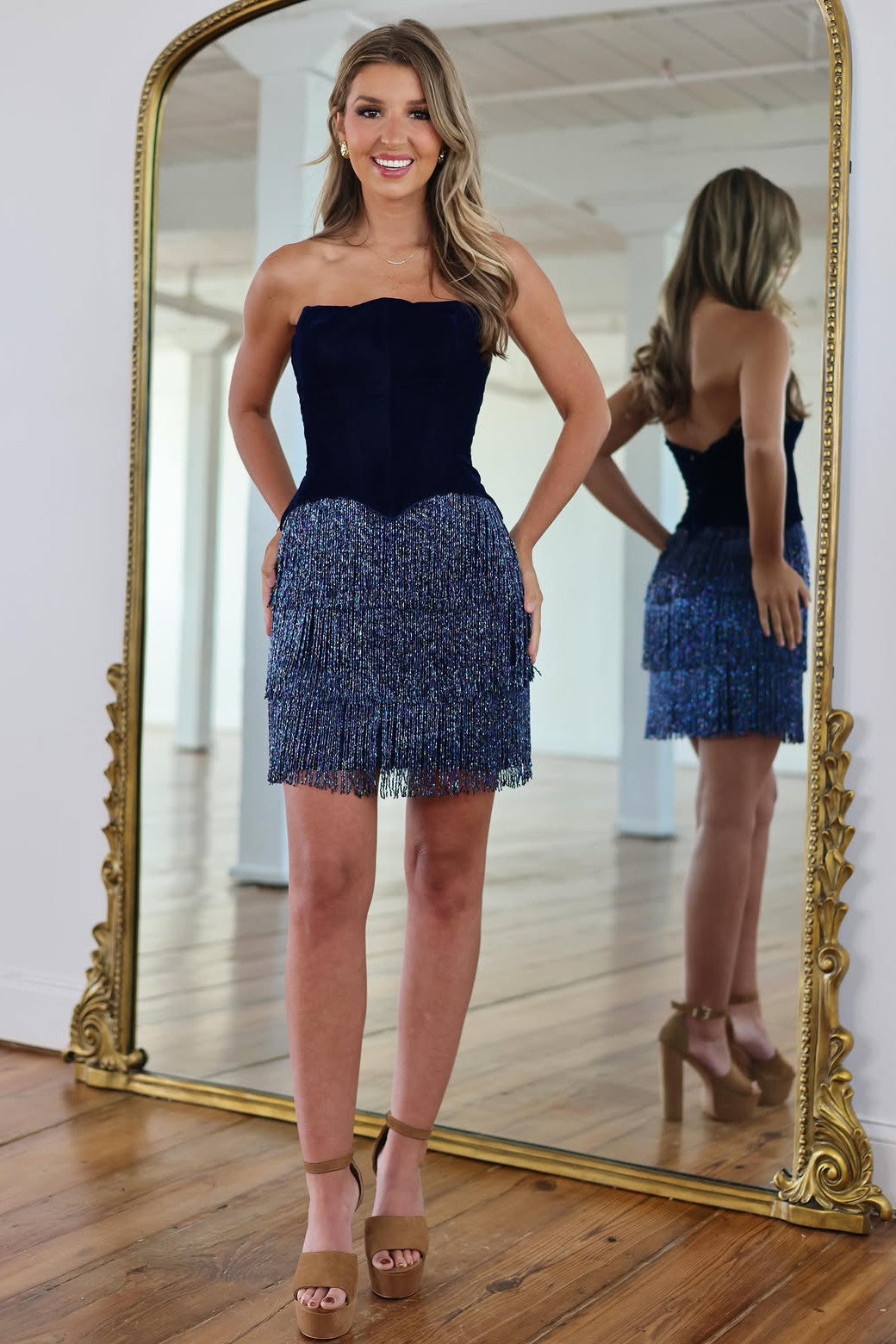 Elegant Navy Velvet Strapless Corset Mini Homecoming Dress with Sequin Tassels
