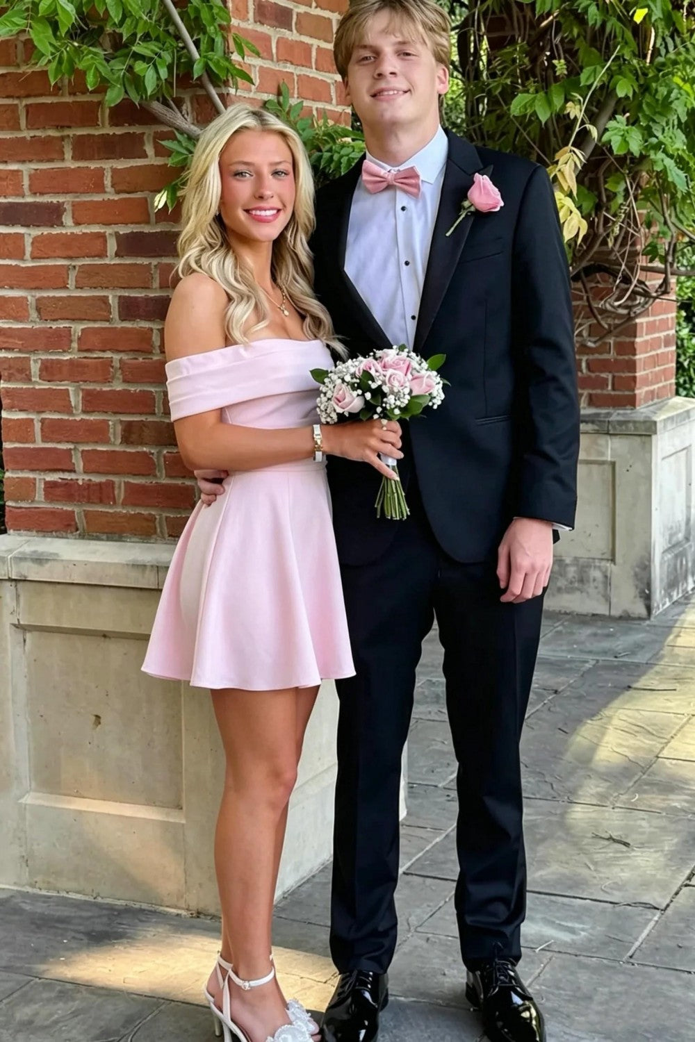 Elegant Pink Off Shoulder Homecoming Dress with Flowy A Line Mini Skirt