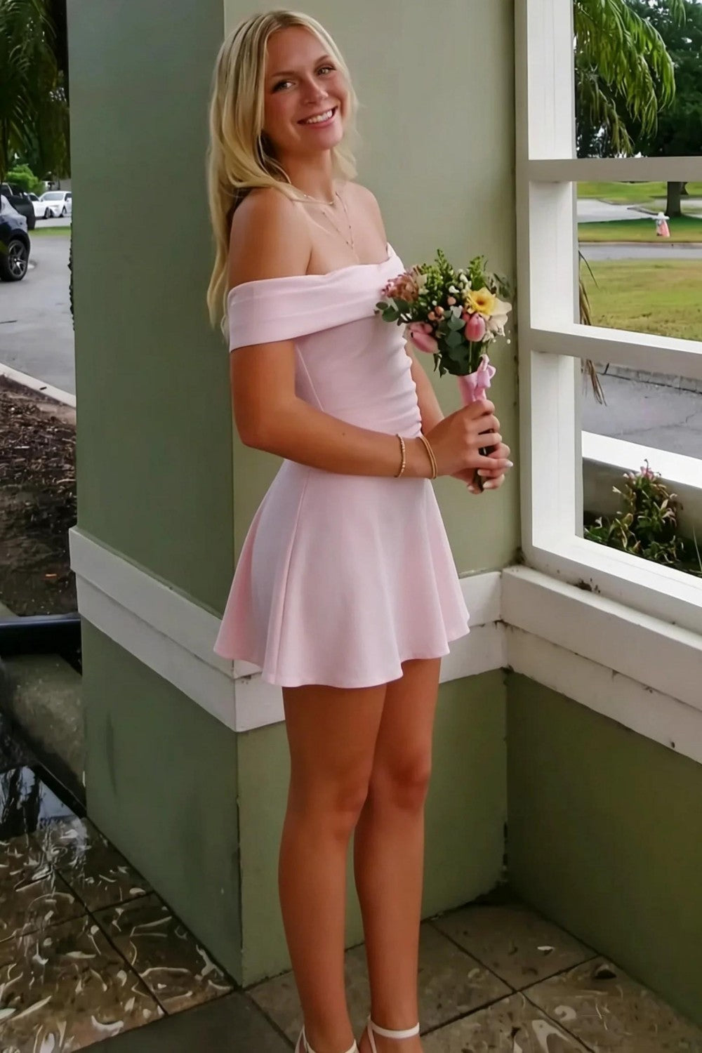 Elegant Pink Off Shoulder Homecoming Dress with Flowy A Line Mini Skirt