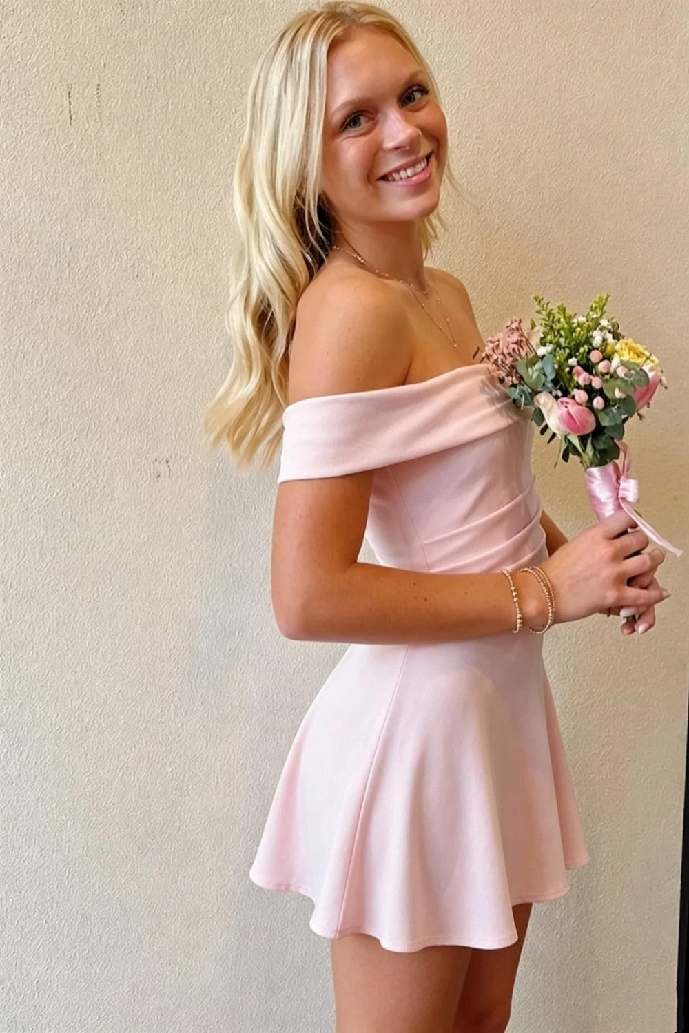 Elegant Pink Off Shoulder Homecoming Dress with Flowy A Line Mini Skirt