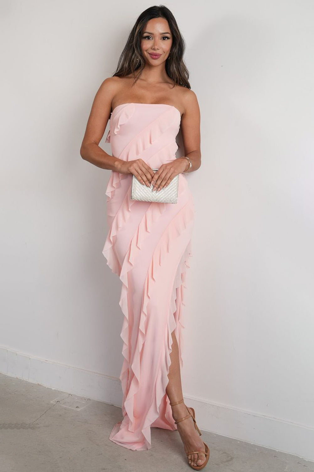 Elegant Pink Strapless Cascading Ruffle Long Prom Evening Dress