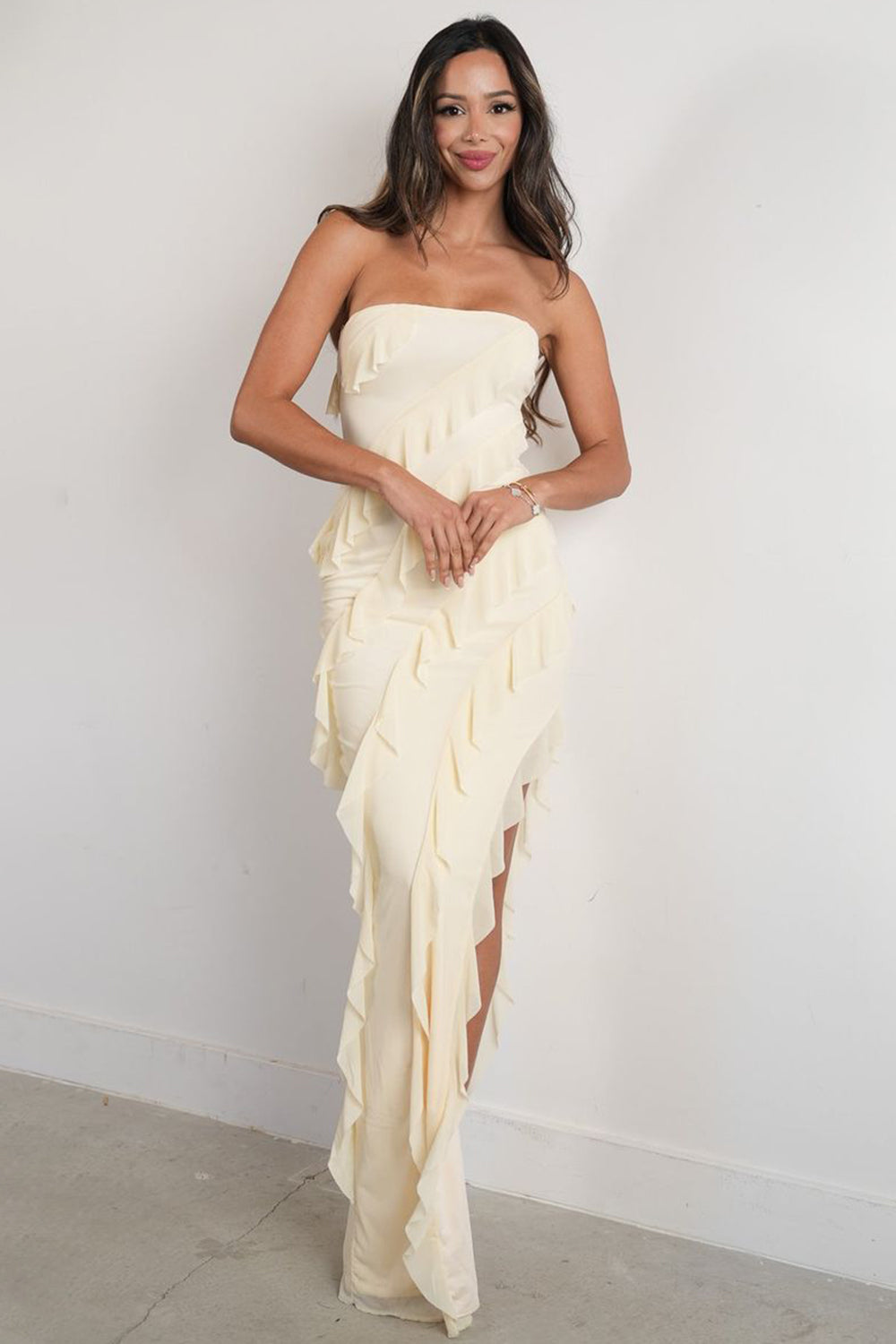 Elegant Pink Strapless Cascading Ruffle Long Prom Evening Dress