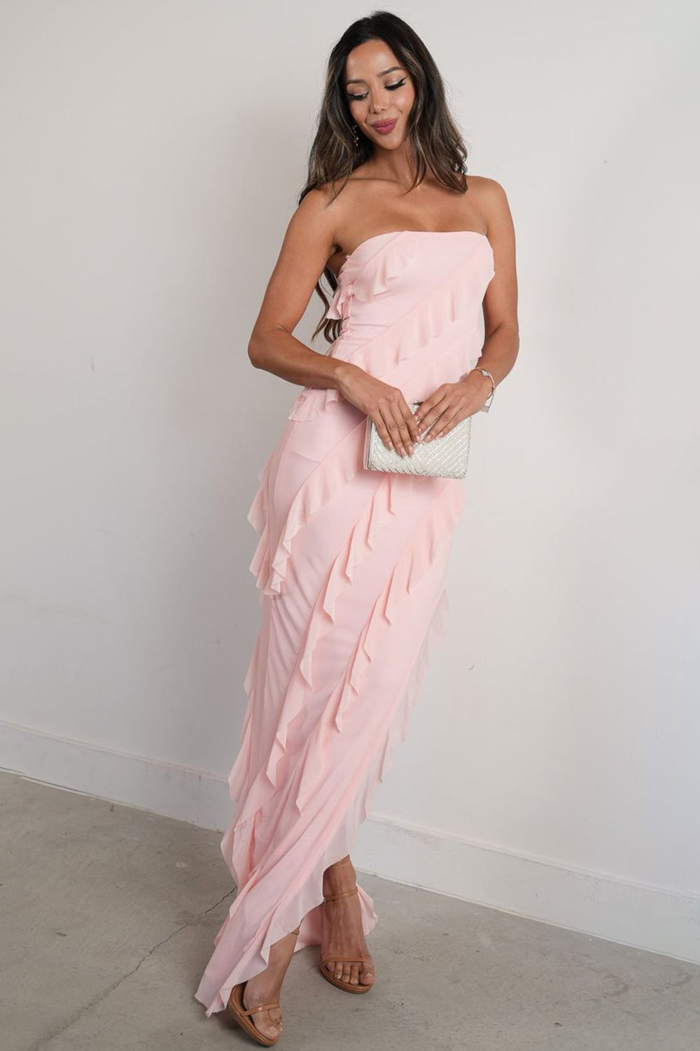 Elegant Pink Strapless Cascading Ruffle Long Prom Evening Dress