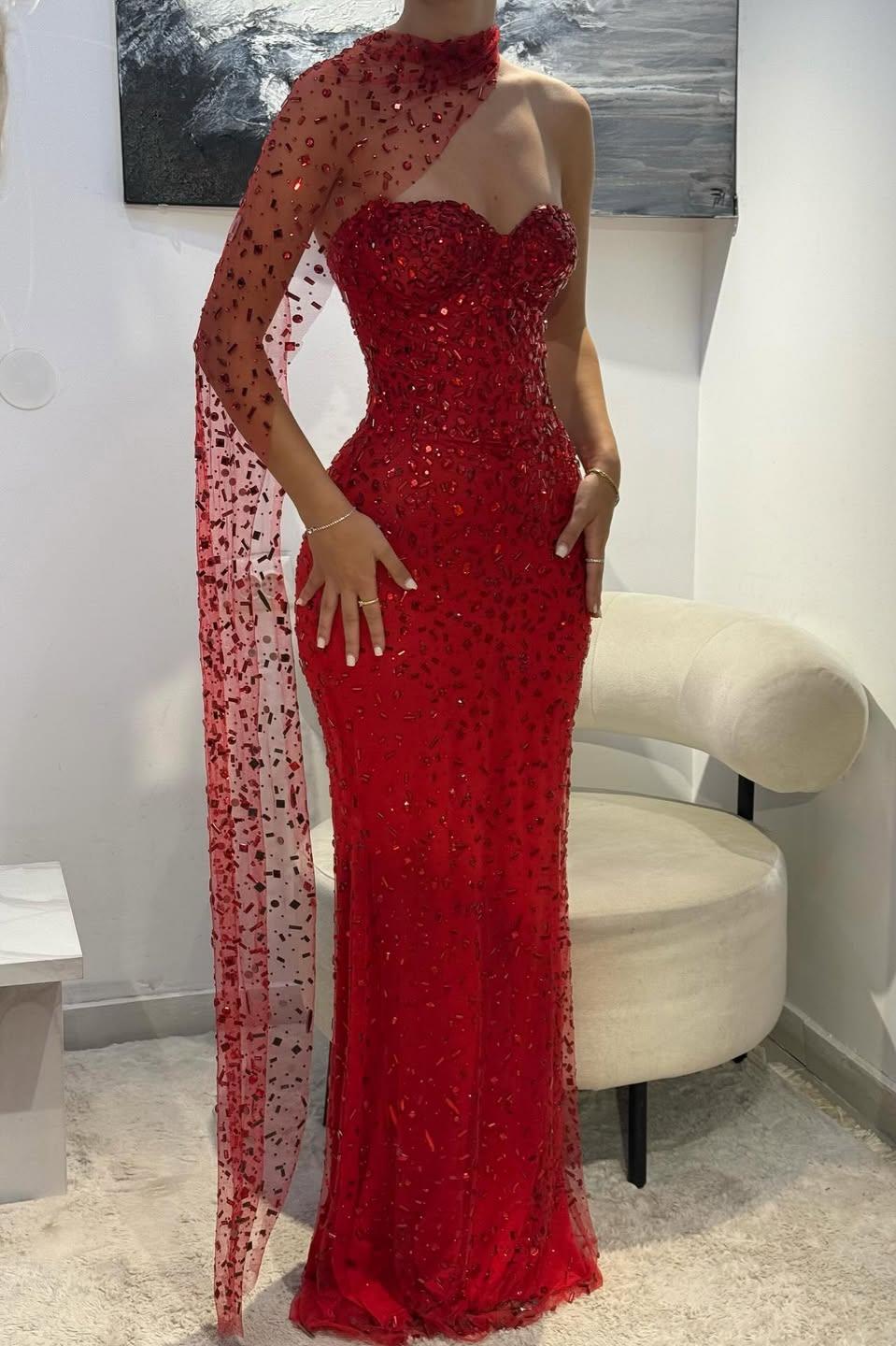 Elegant Red Sweetheart Beaded Fitted Mermaid Prom Dress with Scarf