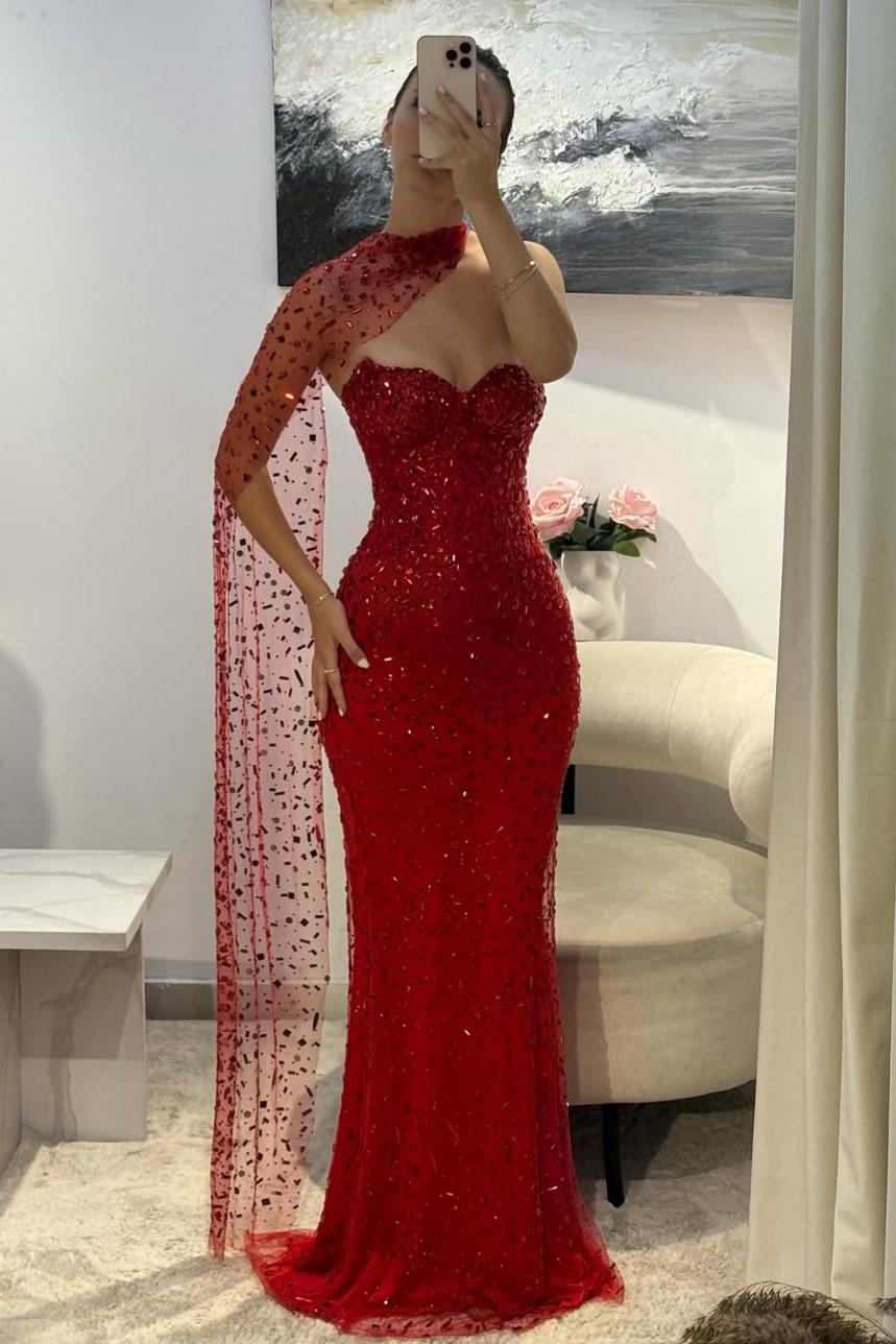 Elegant Red Sweetheart Beaded Fitted Mermaid Prom Dress with Scarf