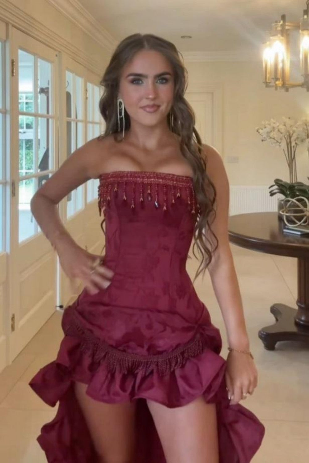 Elegant Strapless High-Low Evening Dress with Tassel Beading & Ruffles