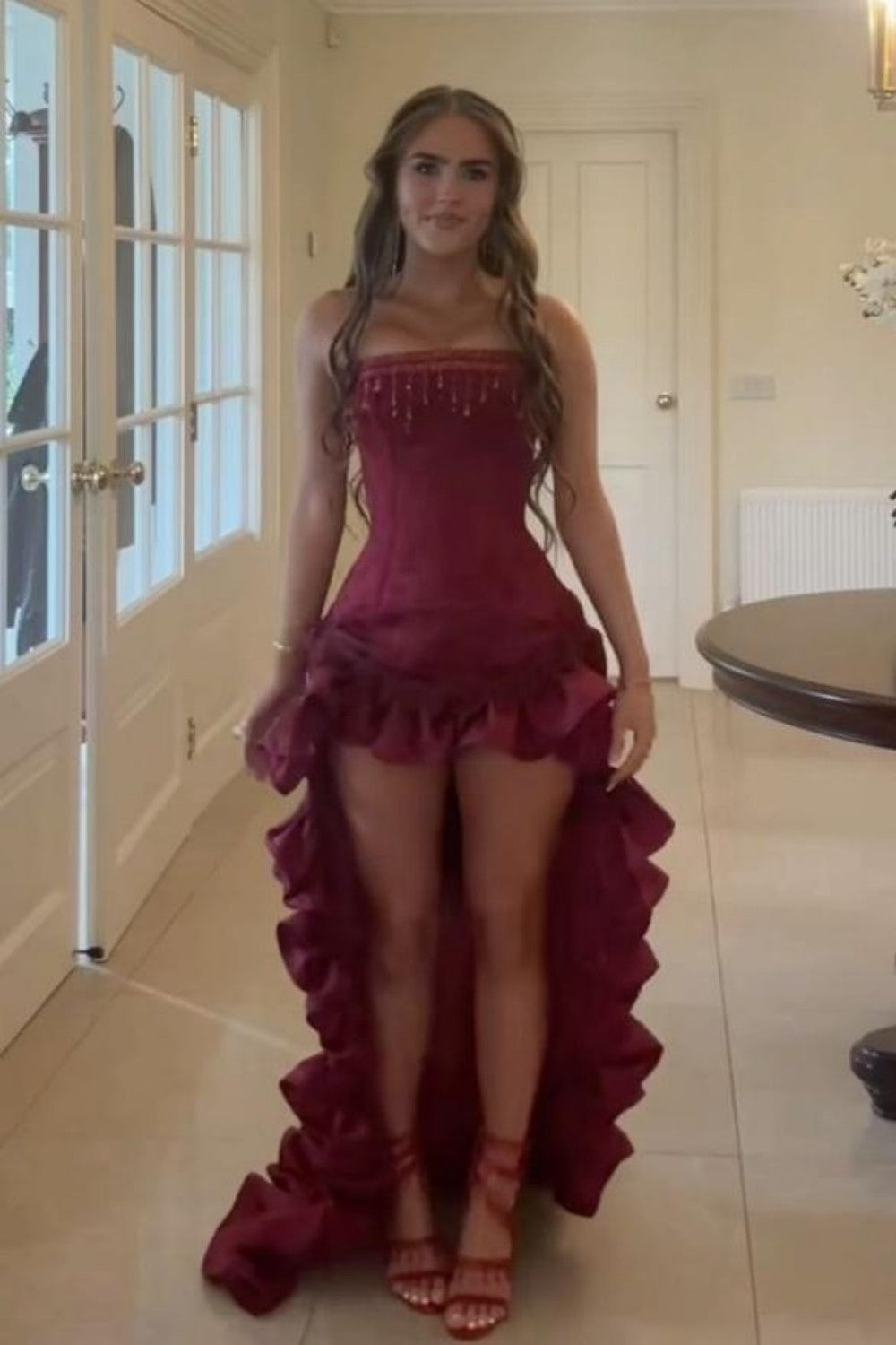 Elegant Strapless High-Low Evening Dress with Tassel Beading & Ruffles