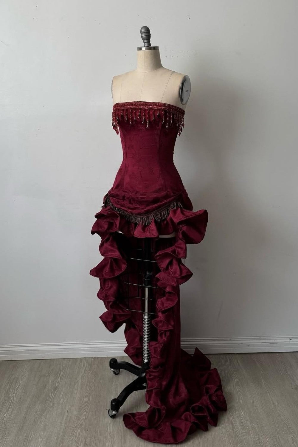 Elegant Strapless High-Low Evening Dress with Tassel Beading & Ruffles