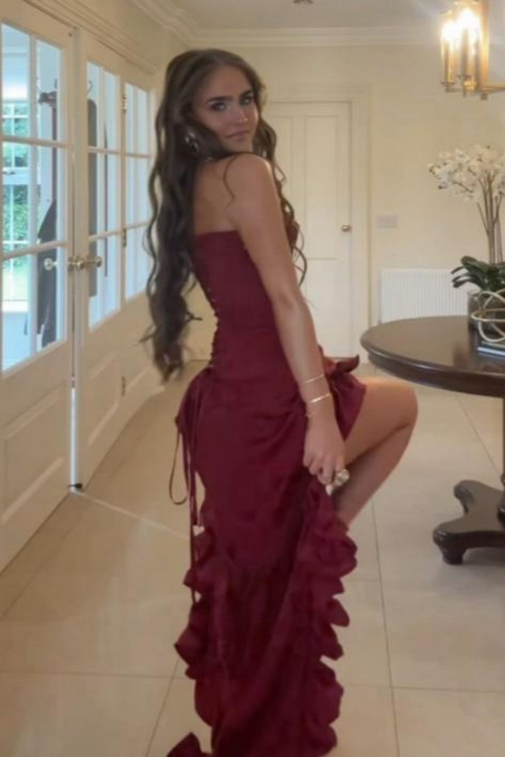 Elegant Strapless High-Low Evening Dress with Tassel Beading & Ruffles