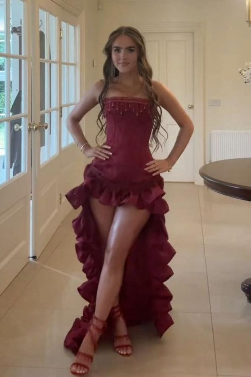 Elegant Strapless High-Low Evening Dress with Tassel Beading & Ruffles