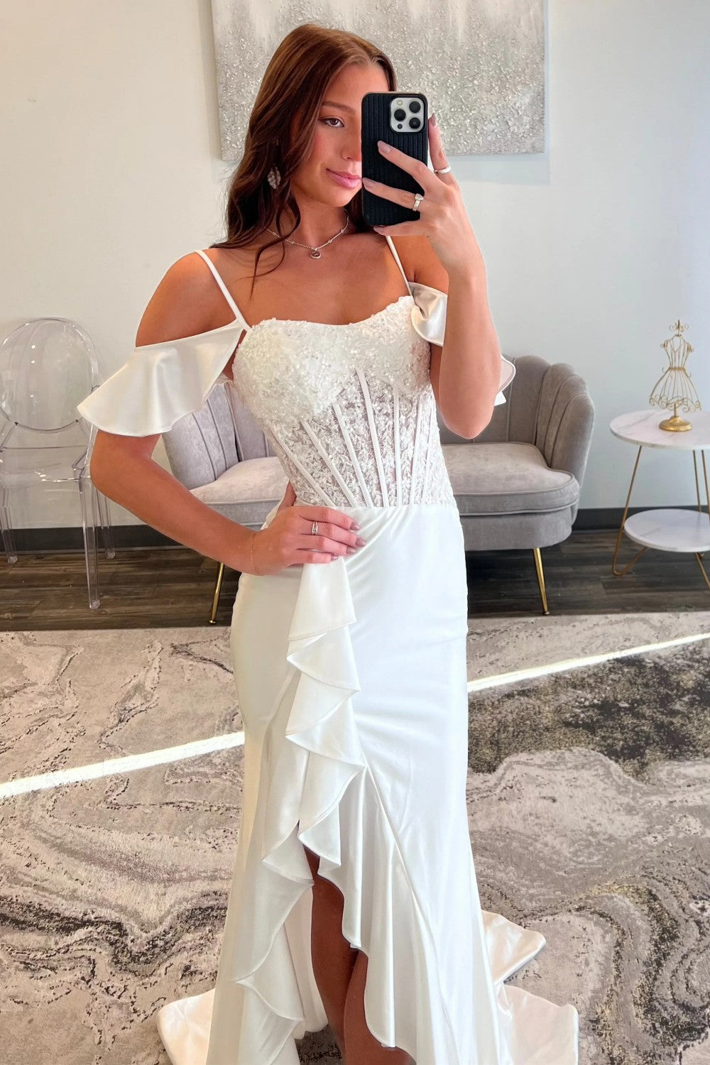 Elegant White Lace Off the Shoulder Prom Dress with Corset Bodice and High Slit