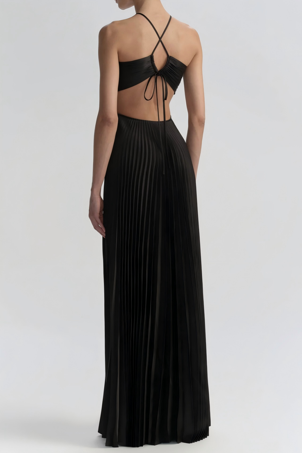 Elegant White Pleated Cutout Halter Maxi Prom Dress