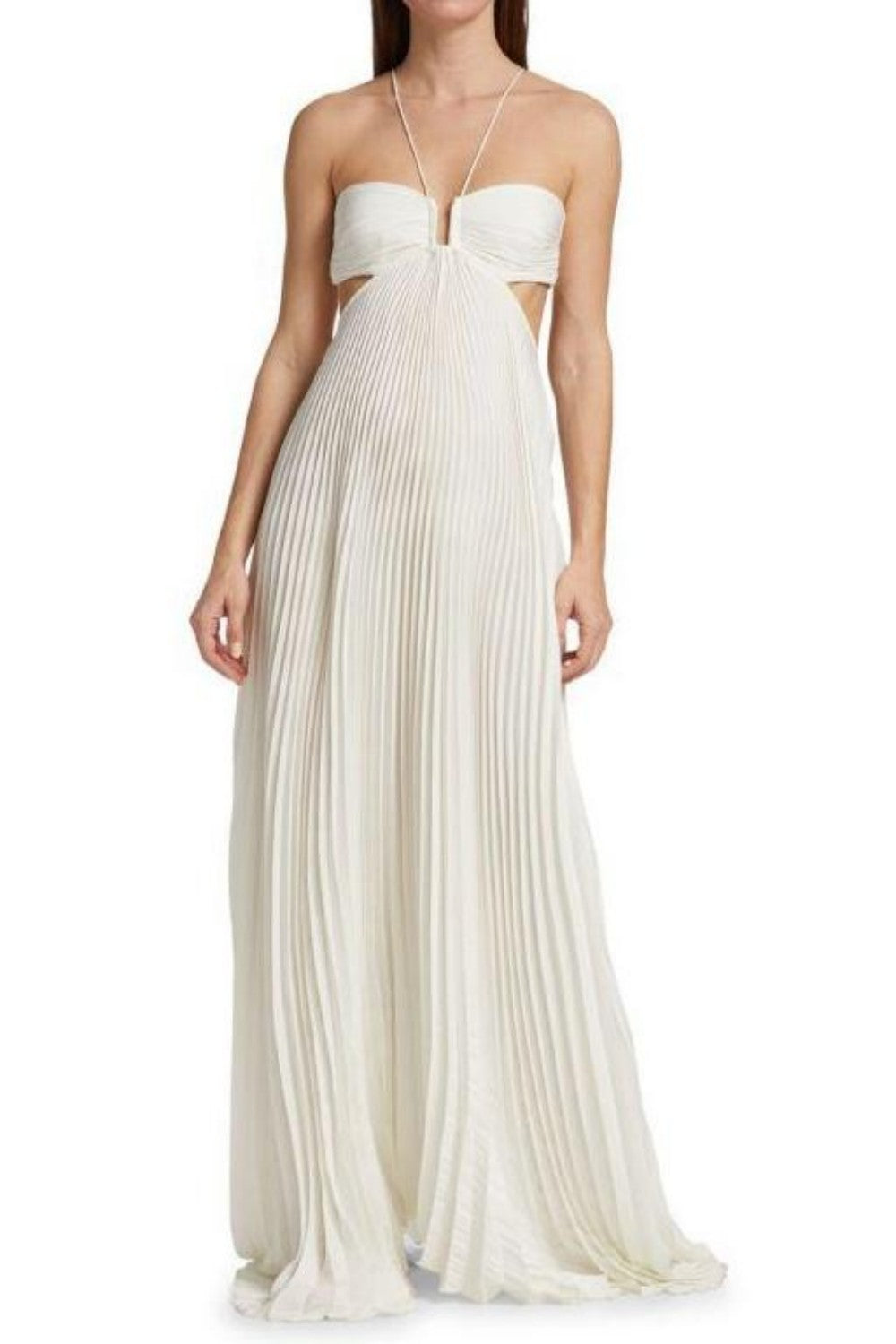 Elegant White Pleated Cutout Halter Maxi Prom Dress
