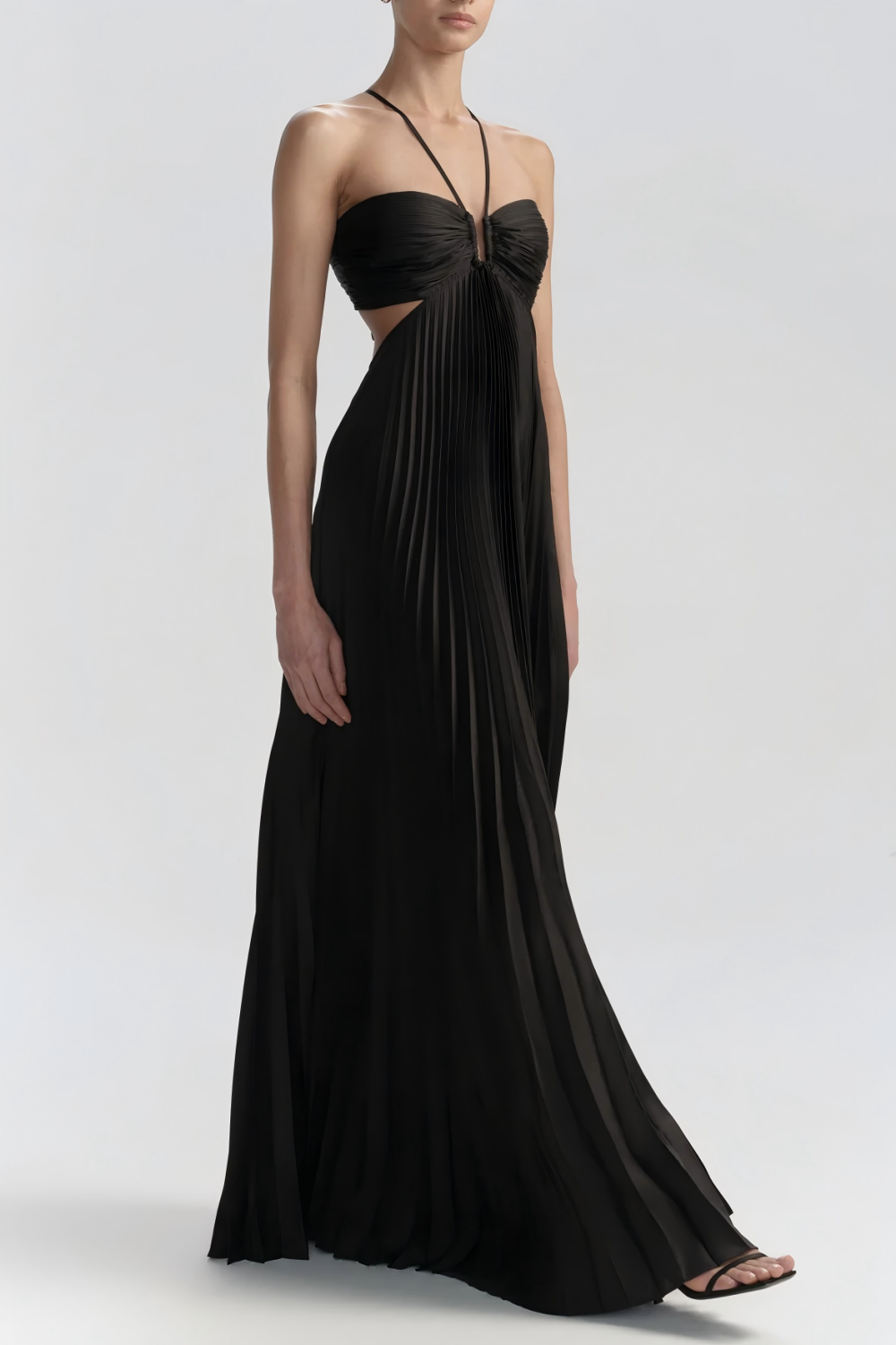 Elegant White Pleated Cutout Halter Maxi Prom Dress