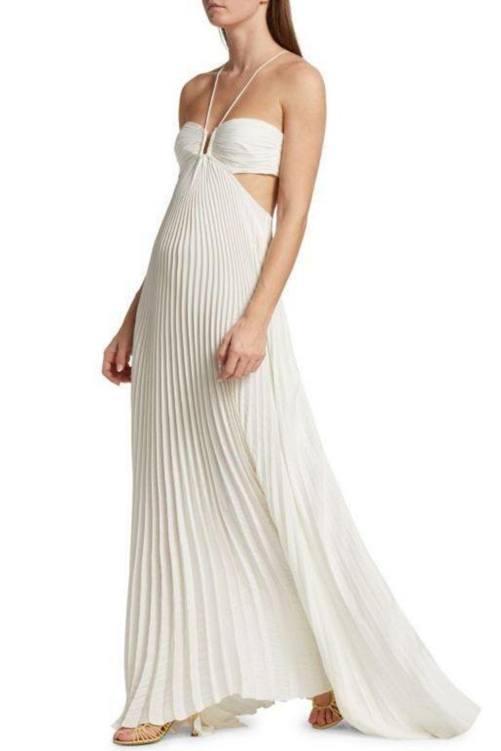 Elegant White Pleated Cutout Halter Maxi Prom Dress