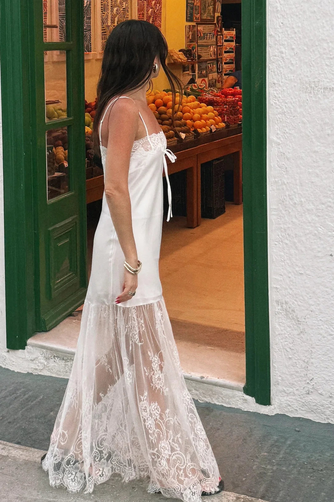 Elegant White Satin Spaghetti Straps Prom Dress with Lace Trim and Sheer Hem