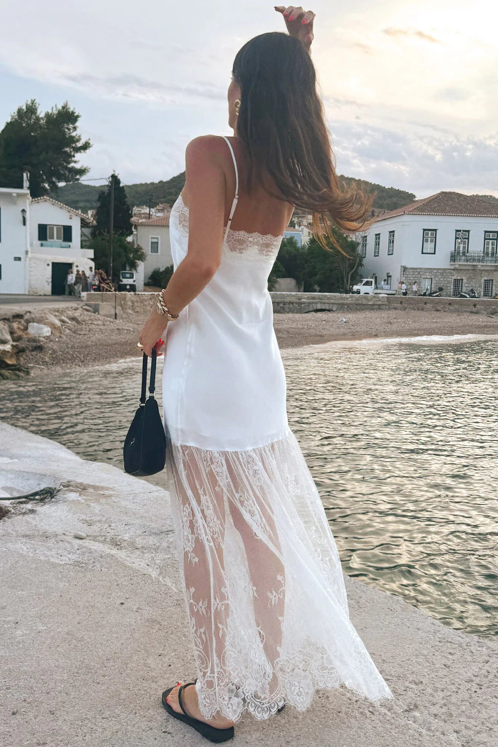 Elegant White Satin Spaghetti Straps Prom Dress with Lace Trim and Sheer Hem