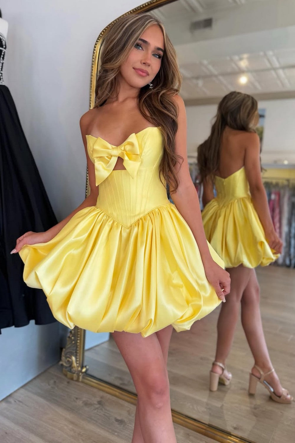 Elegant Yellow Corset Satin Mini Homecoming Dress with Bow Front Accent