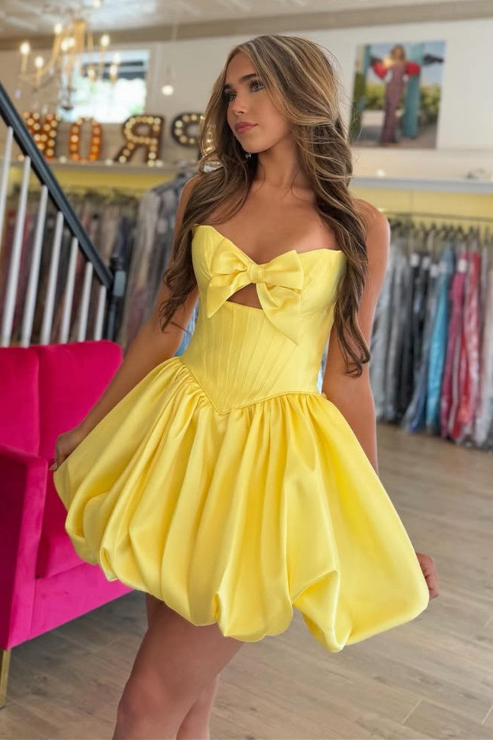 Elegant Yellow Corset Satin Mini Homecoming Dress with Bow Front Accent