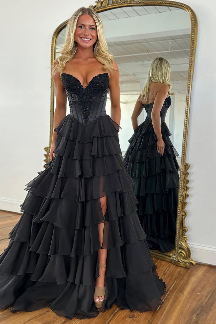 Emerald Green Sweetheart Corset Prom Dress with Tiered Ruffles and High Slit