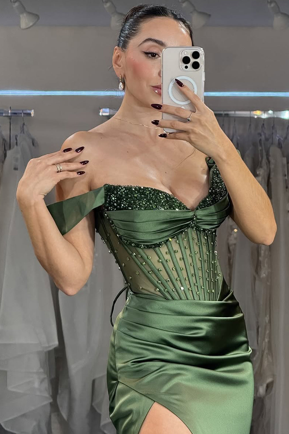Emerald Off-Shoulder Beaded Corset Prom Dress with High Slit