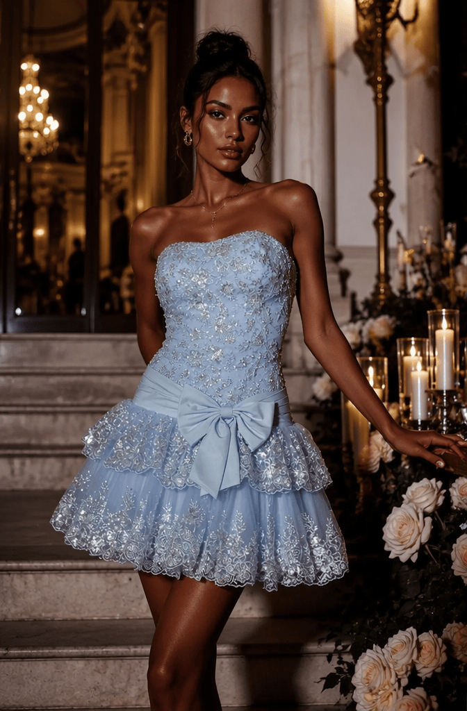 Fairy-like Glitter Pink A-Line Strapless Low Waist Short Sequin Homecoming Dress