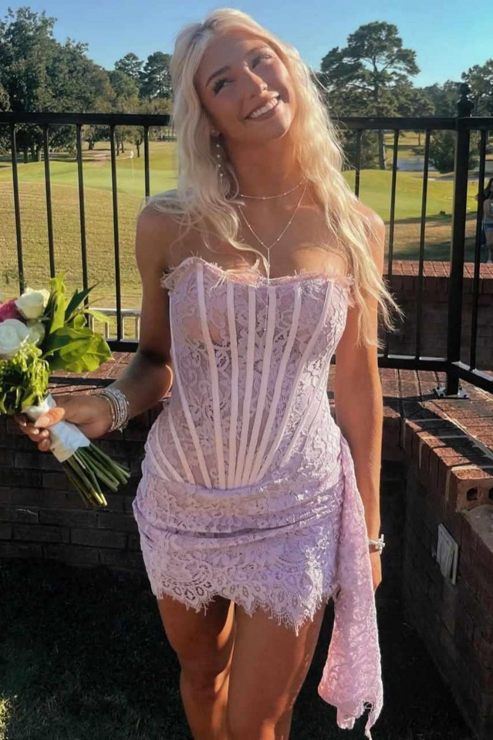 Fairy Romance Strapless Lace Homecoming Dress with Structured Bodice