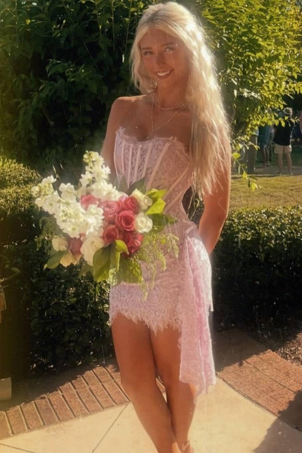 Fairy Romance Strapless Lace Homecoming Dress with Structured Bodice