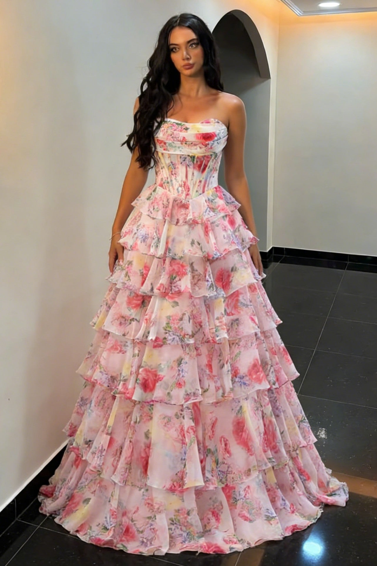 Fairytale Pink Floral Strapless Prom Dress with Corset Bodice and Ruffle Skirt