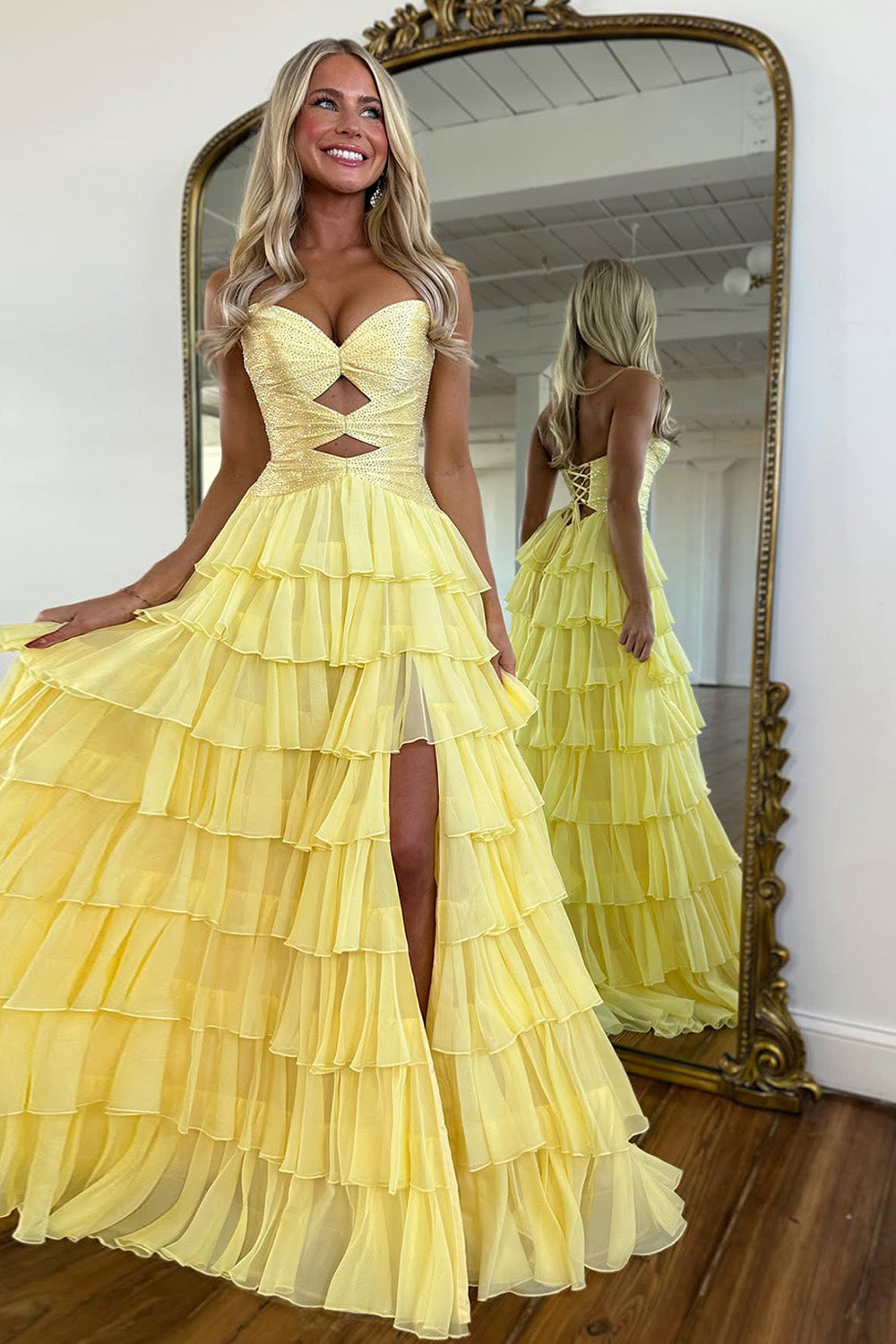 Fairytale Prom Dress with Glitter Bodice Layered Ruffle Skirt and Lace-Up Back