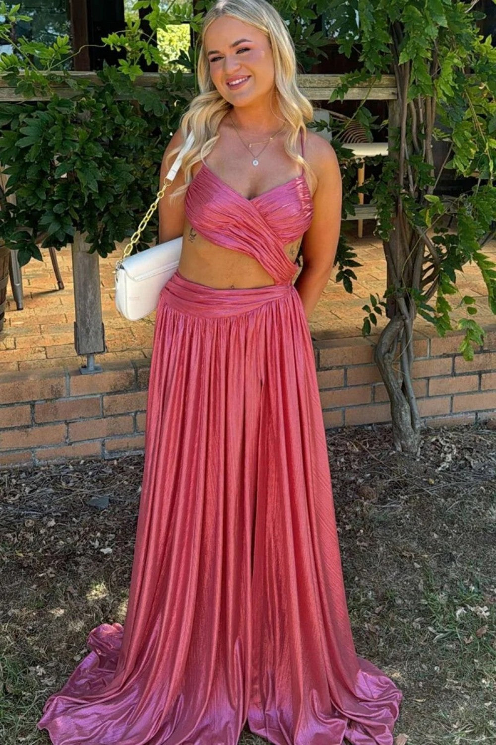 Fashionable A Line Spaghetti Straps Hot Pink Long Prom Dress with Backless