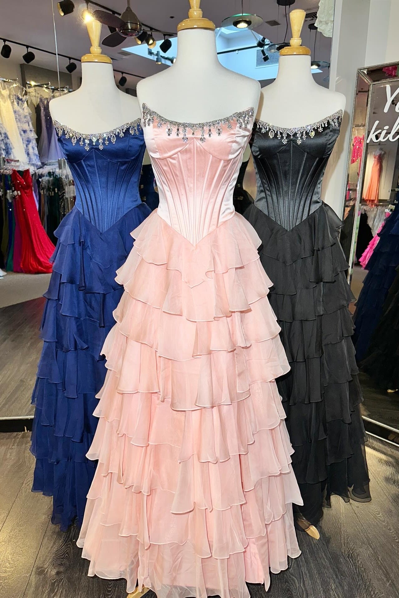 Fashionable A Line Strapless Hot Pink Corset Prom Dress with Beading Ruffles