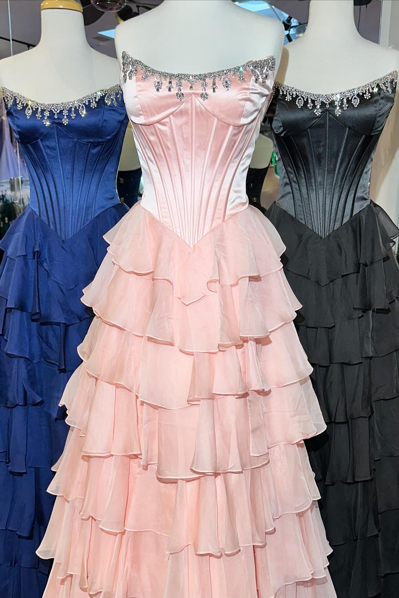 Fashionable A Line Strapless Hot Pink Corset Prom Dress with Beading Ruffles