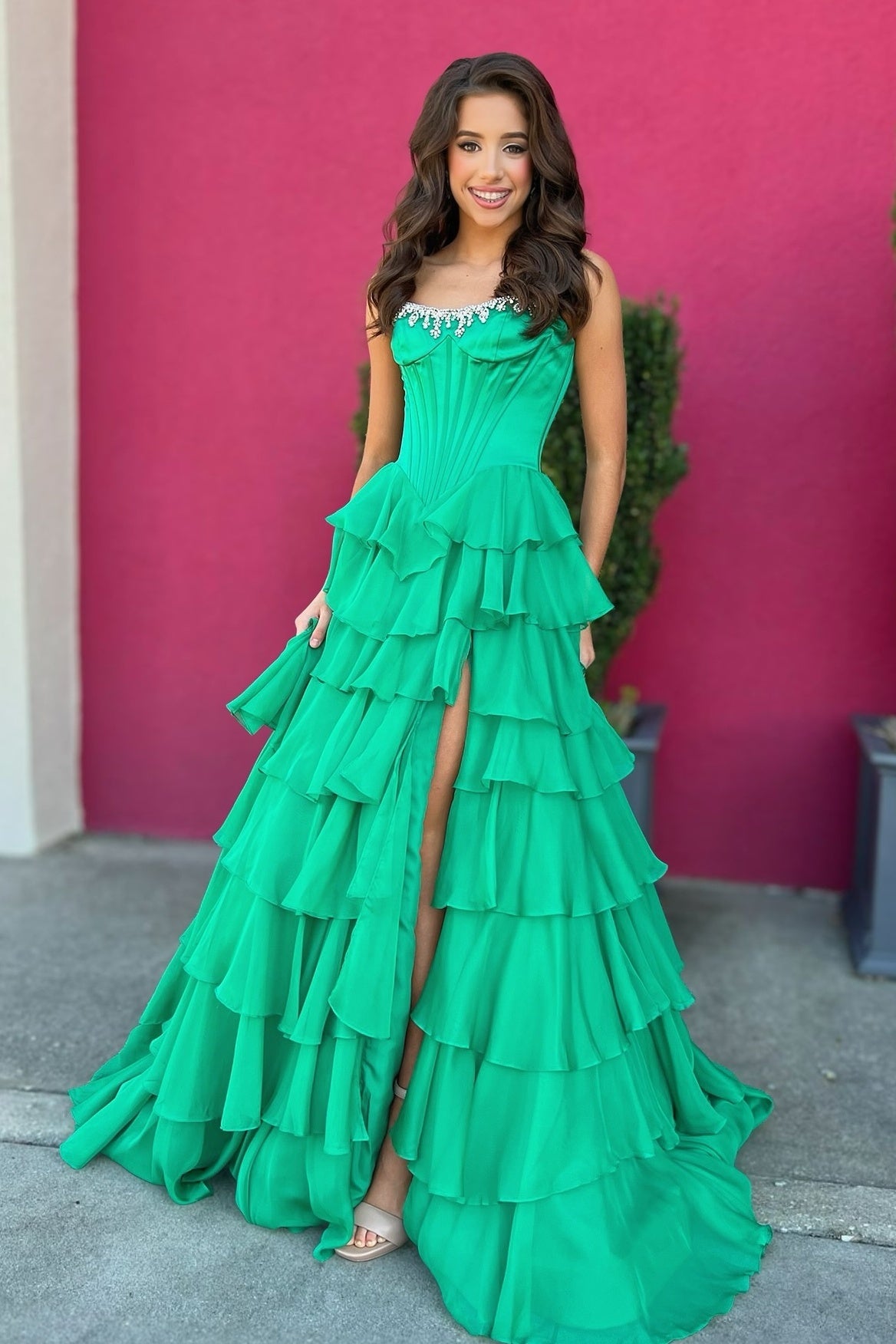 Fashionable A Line Strapless Hot Pink Corset Prom Dress with Beading Ruffles