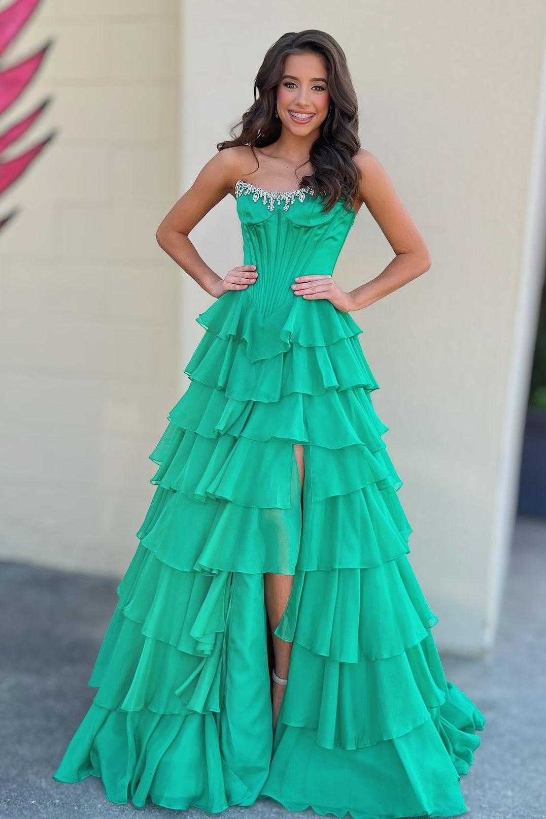 Fashionable A Line Strapless Hot Pink Corset Prom Dress with Beading Ruffles