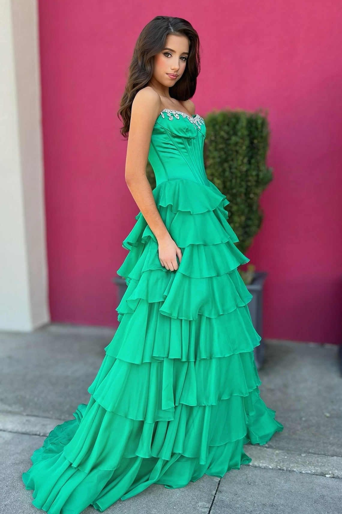 Fashionable A Line Strapless Hot Pink Corset Prom Dress with Beading Ruffles