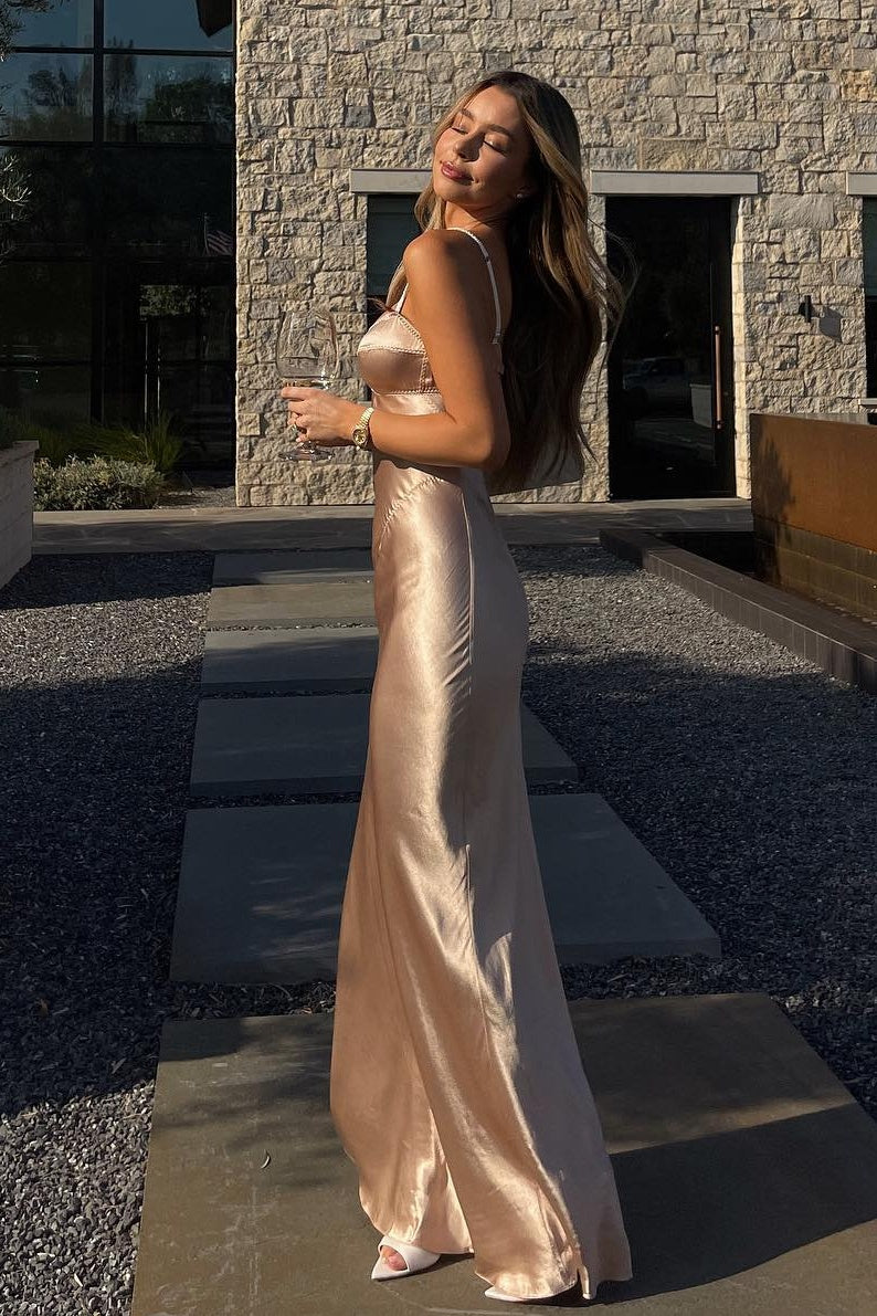 Fashionable Mermaid Spaghetti Straps Champagne Party Dress with Open Back