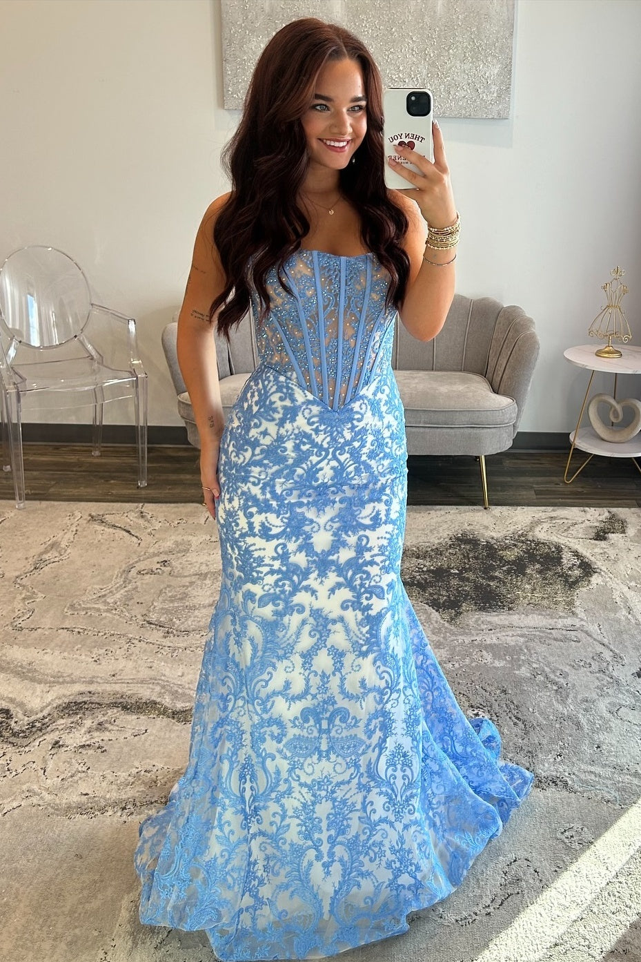 Fashionable Mermaid Strapless Blue Corset Prom Dress with Appliques Beading
