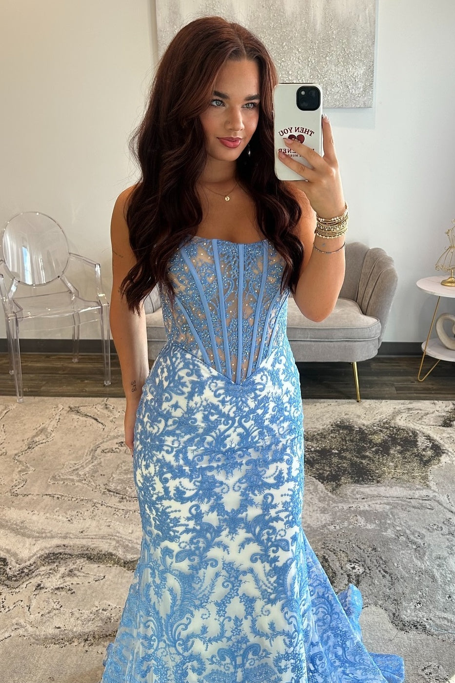 Fashionable Mermaid Strapless Blue Corset Prom Dress with Appliques Beading
