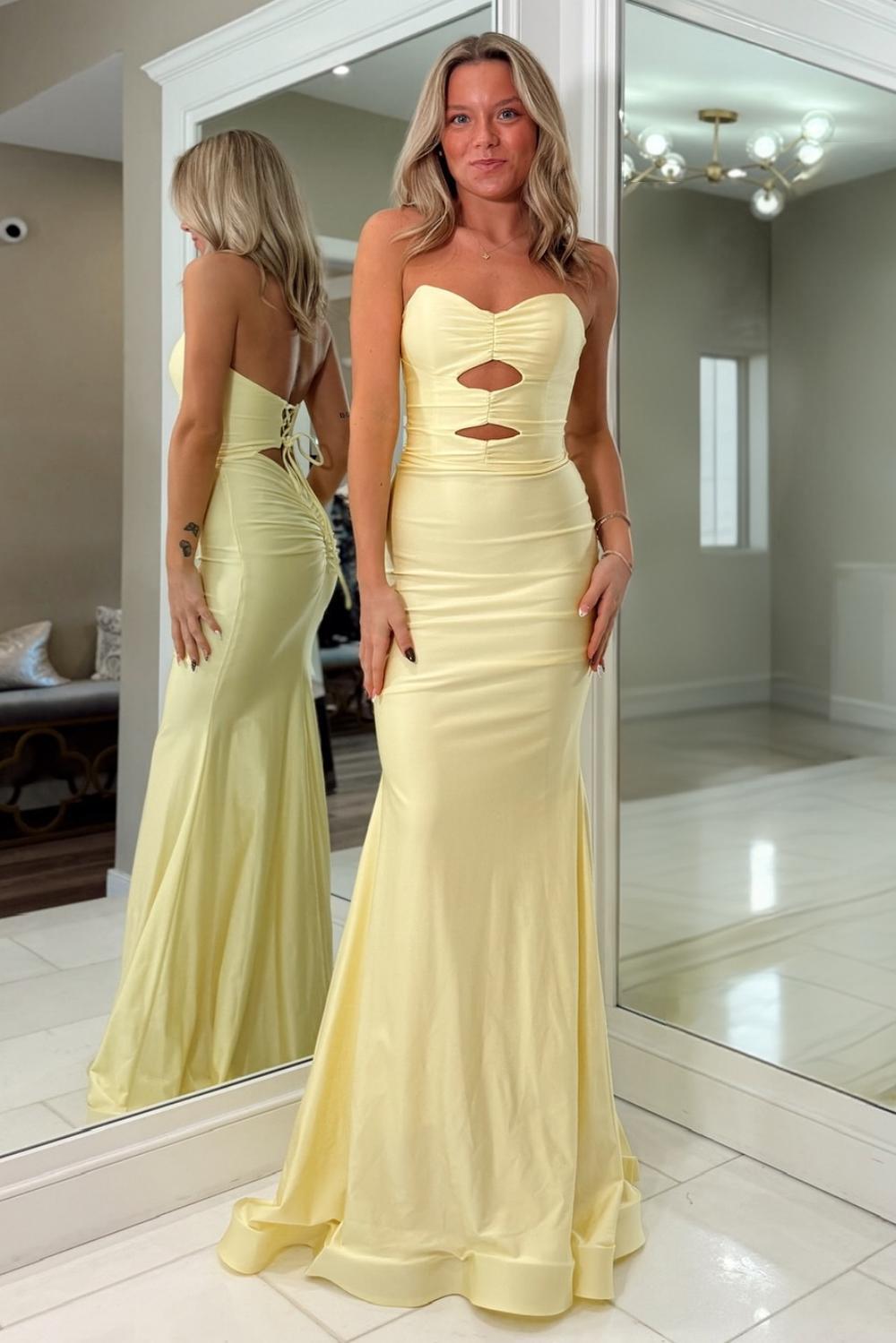 Fashionable Mermaid Sweetheart Yellow Long Prom Dress with Keyhole Criss Cross Back