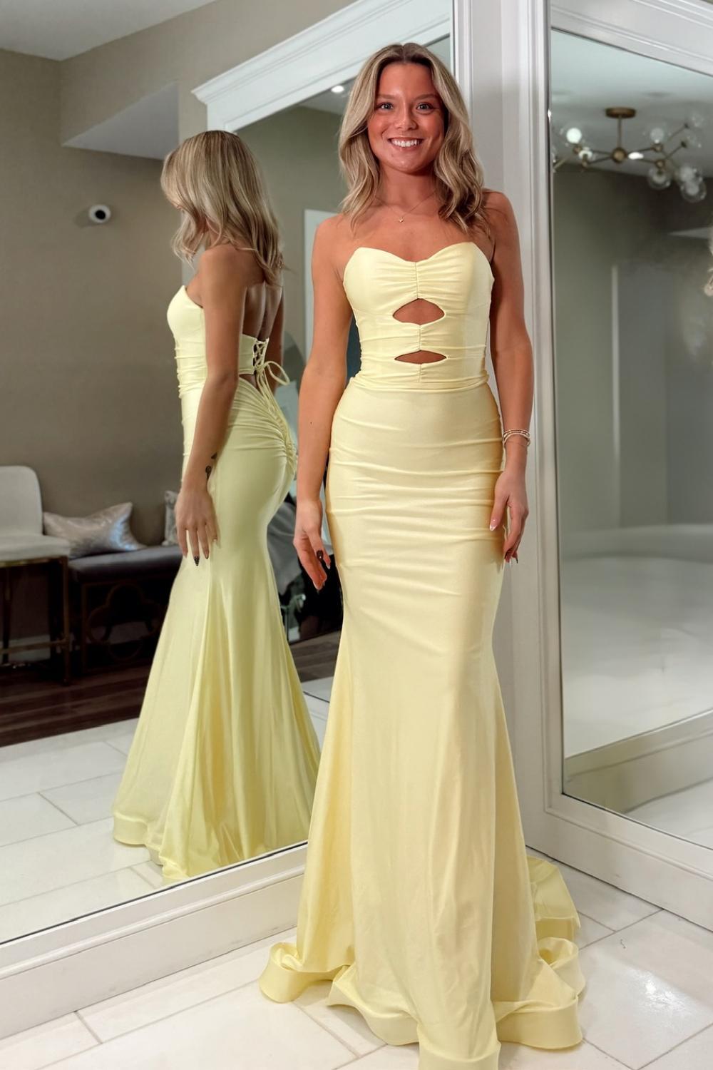 Fashionable Mermaid Sweetheart Yellow Long Prom Dress with Keyhole Criss Cross Back