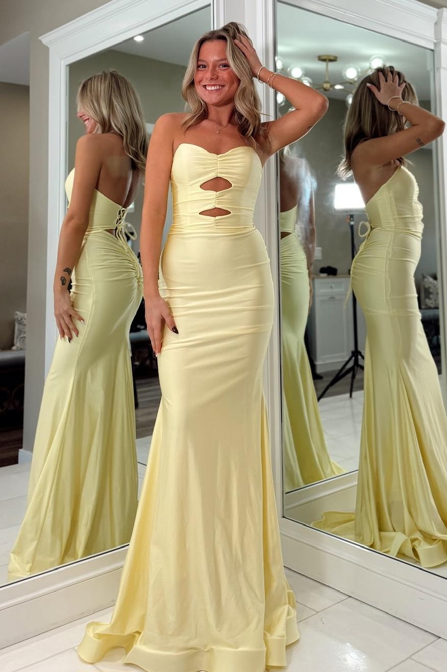 Fashionable Mermaid Sweetheart Yellow Long Prom Dress with Keyhole Criss Cross Back