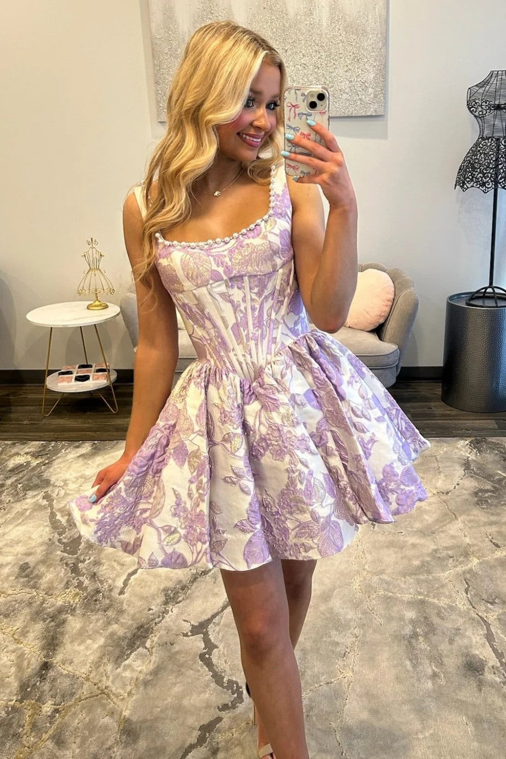 Pink Floral Jacquard A-Line Square Neck Corset Mini Homecoming Dress