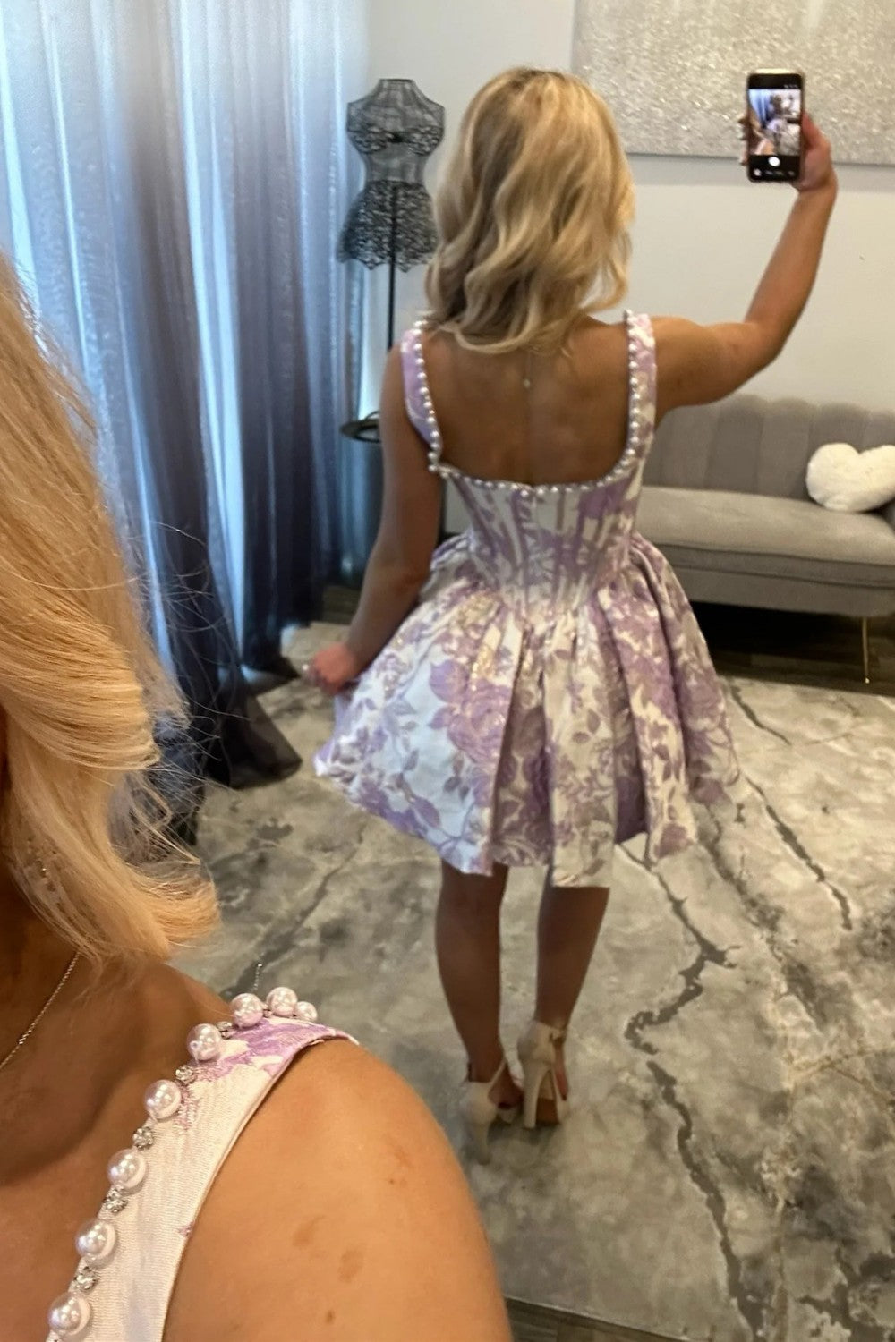 Pink Floral Jacquard A-Line Square Neck Corset Mini Homecoming Dress