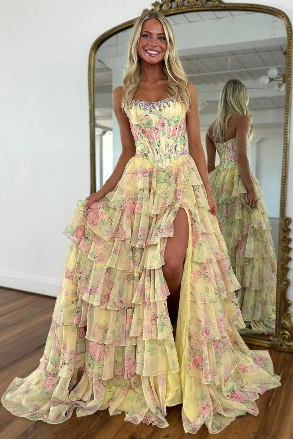 Floral Print A-Line Strapless Tiered Prom Dress with Fitted Corset And Slit