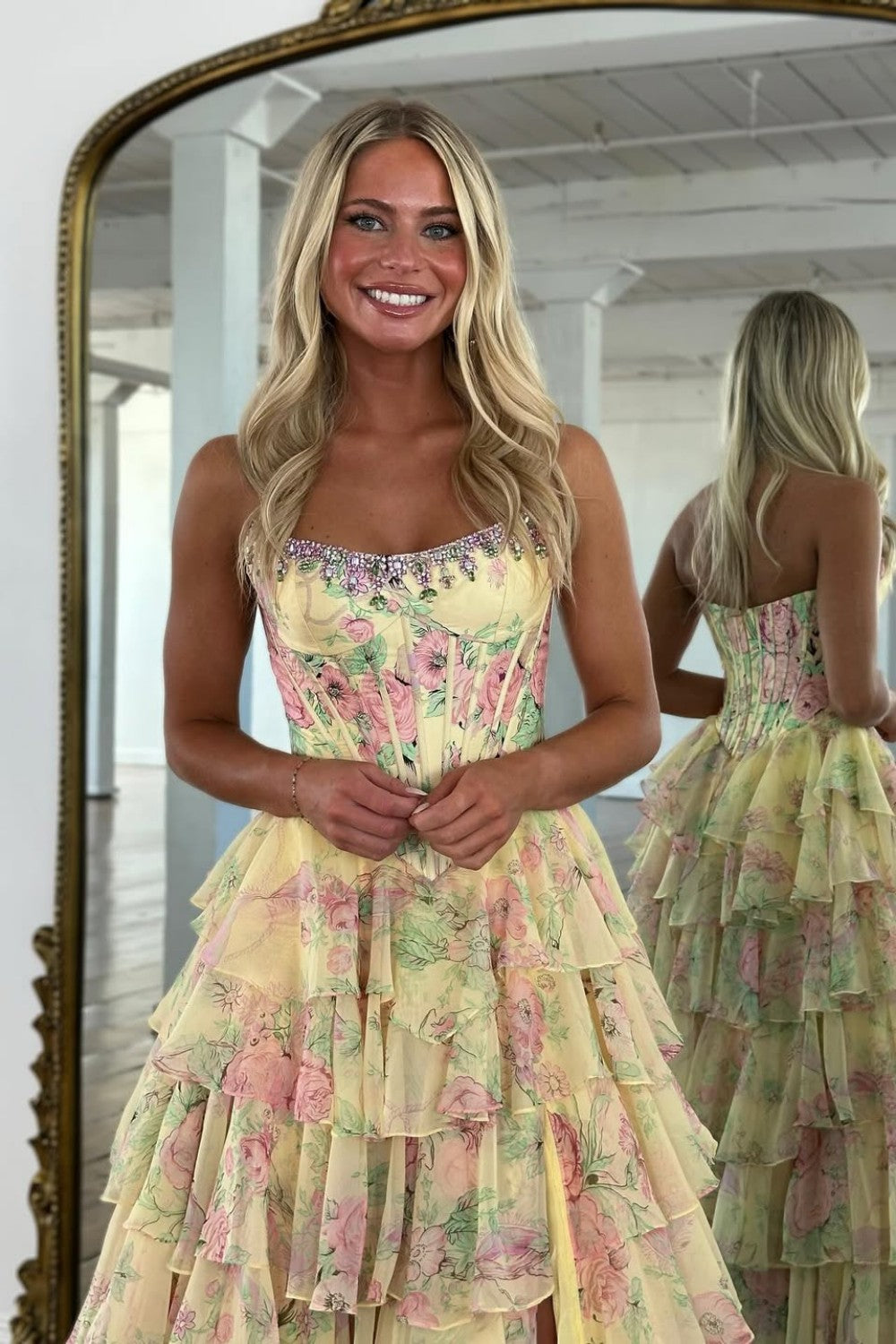 Floral Print A-Line Strapless Tiered Prom Dress with Fitted Corset And Slit