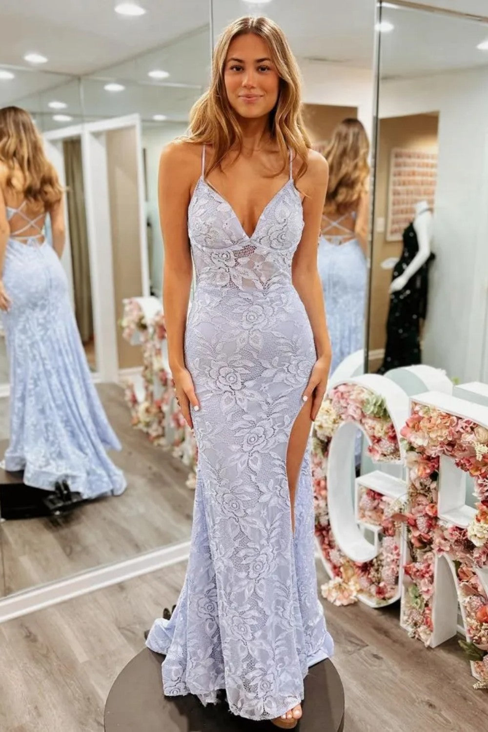 Floral Lavender Lace Spaghetti Straps Lace Up Prom Gown with Slit