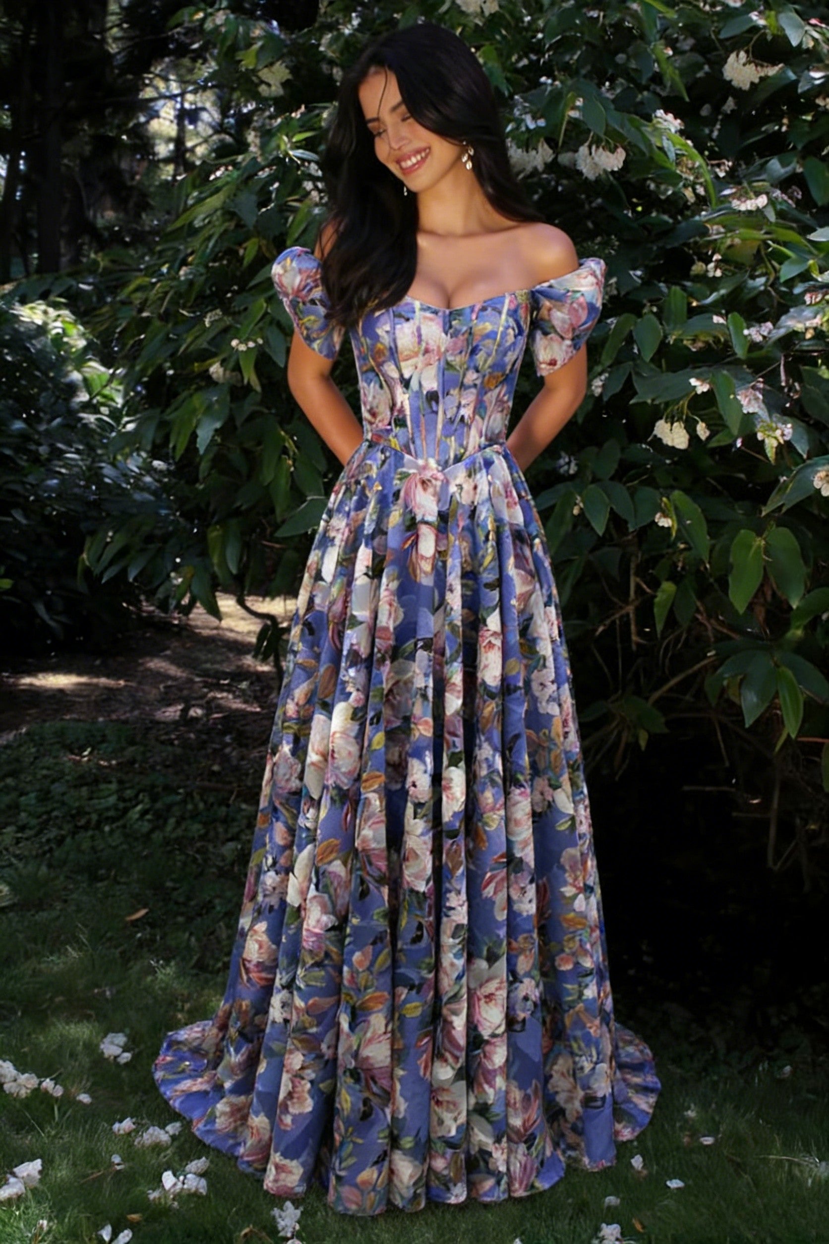 Floral Off-Shoulder Corset Prom Dress with Puff Sleeves and Full A-Line Skirt